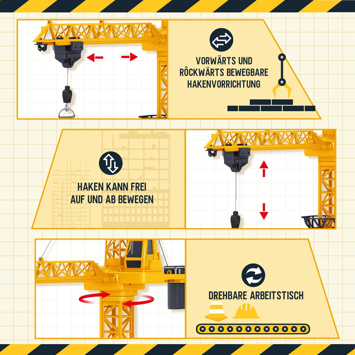 JONRRYIN Ferngesteuerte Turmkran 138 cm Höhe, 2,4 Hz 6 Kanäle RC Kran, 680 Grad Rotation Ferngesteuerte Baukran Tower Crane mit Lichter für Kinder (Gelb)