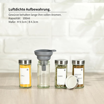Miorkly 12 Gewürzgläser mit Streueinsatz-Hochwertiger Edelstahldeckel Gewürzdosen-Runder Gewürzstreuer-Transparenter Gewürzbehälter-Gewürze Set hat Gewürzgläser Rund, Ausgangssiebe et
