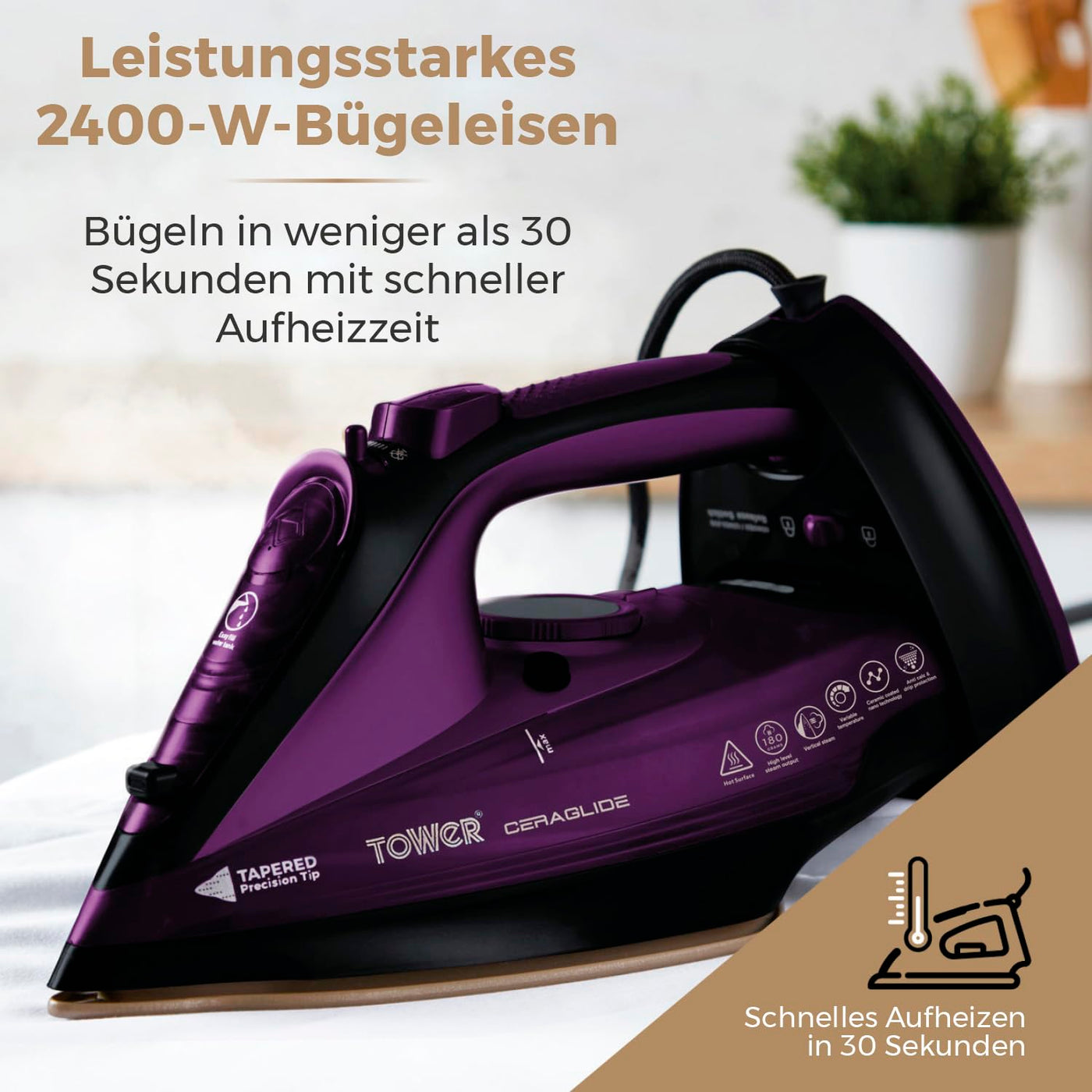 Tower T22008 CeraGlide Kabelloses Dampf Bügeleisen mit Keramiksohle - Dampfbügeleisen mit Variabler Dampffunktion, Lila