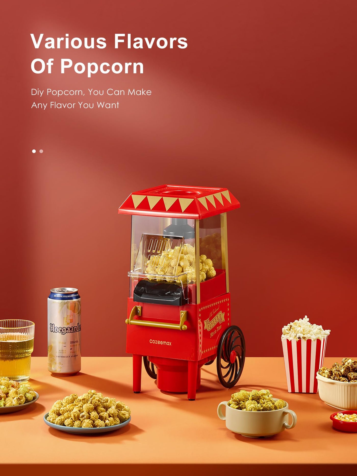 Popcornmaschine Retro, Cozeemax 1200W für Zuhause Popcornmaschine Maker mit Heissluft, Popcorn Machine ohne Fett Fettfrei Ölfrei, Eine-Taste-Operation, Popcorn Popper, Rot