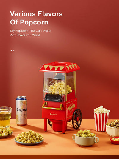 Popcornmaschine Retro, Cozeemax 1200W für Zuhause Popcornmaschine Maker mit Heissluft, Popcorn Machine ohne Fett Fettfrei Ölfrei, Eine-Taste-Operation, Popcorn Popper, Rot