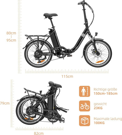 VecoCraft E-Pax e-Bike klapprad, klapprad 20 Zoll, mit herausnehmbarem 36V 13Ah Akku, Reichweite bis zu 55-95km, 250W Heckmotor, 7-Gang e-Bike schwarz