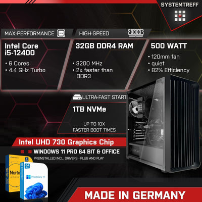 SYSTEMTREFF Office PC Intel Core i5-12400 6x4.4GHz | UHD 730 4K HDMI DX12 | 1TB M.2 NVMe | 32GB DDR4 RAM | WLAN Silent Desktop Computer Rechner für Büro Business Multimedia