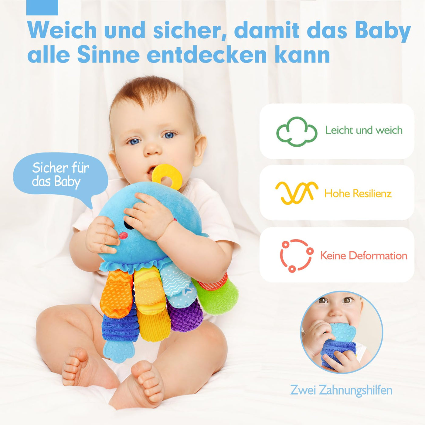 hahaland Oktopus Activity Sensorik Rassel mit Beißring,Spiegel,Baby Knister Spielzeug zum Greifen für Jungen und Mädchen 0 3 6 Monate,Neugeborene Geschenk, Montessori Greifling Spielzeug