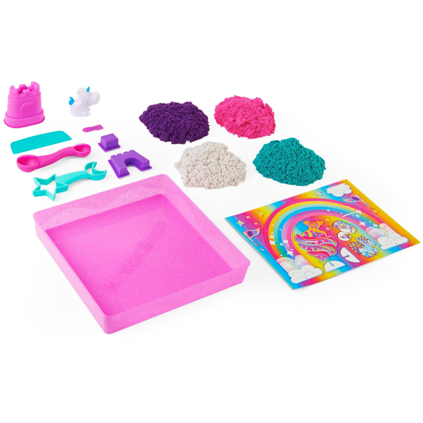 Kinetic Sand Magischer Sand – Einhorn-Königreich 907 G + 8 Formen – Erstellen Sie verschiedene hypnotisierende Formen mit diesem magischen und bunten Sand wie Knetmasse – Spielzeug für Kinder ab 3