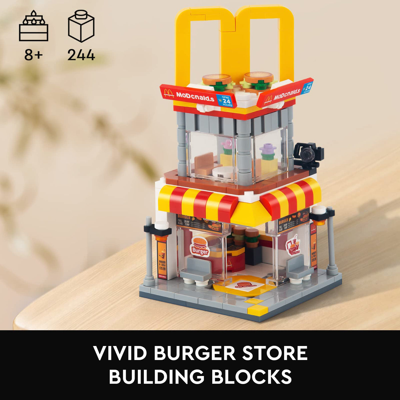 HIGH GODO City BurgerLaden Straßenansicht Architecture Bausteine, 243 Stüke Creative Friends Burger Geschäft Klemmbausteine Set, Lustiges Ostern Geschenk für Kinder Jungen Mädchen ab 6 Jahren