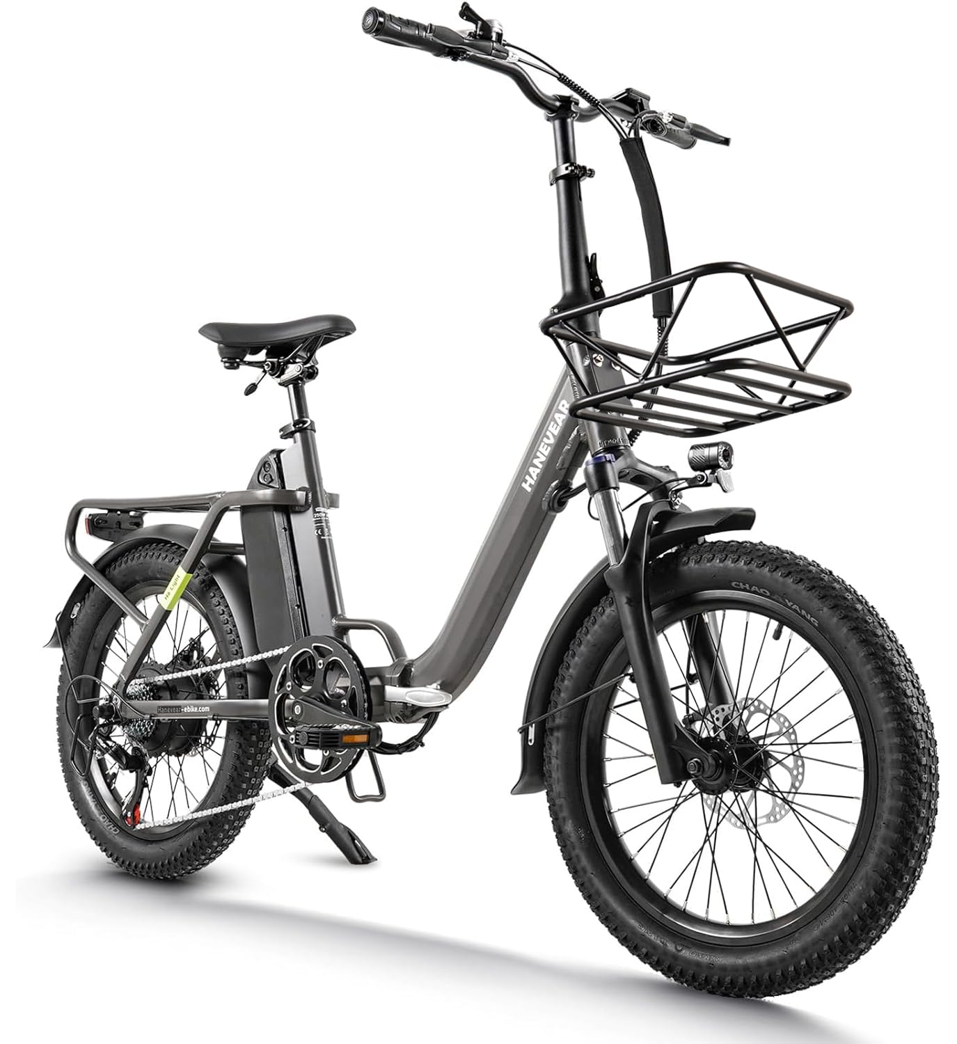 HANEVEAR H6-Light E Bike Klapprad, Elektrofahrräder mit Drehmomentsensor | 48V 14,5Ah Akku bis zu 120km+ | 55N.m 250W-Motor | 3.0'' Fat E-Bike, Off-Road Pedelec EBike Herren Damen (Grau Mit Frontkorb)
