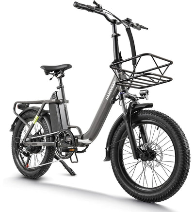 HANEVEAR H6-Light E Bike Klapprad, Elektrofahrräder mit Drehmomentsensor | 48V 14,5Ah Akku bis zu 120km+ | 55N.m 250W-Motor | 3.0'' Fat E-Bike, Off-Road Pedelec EBike Herren Damen (Grau Mit Frontkorb)