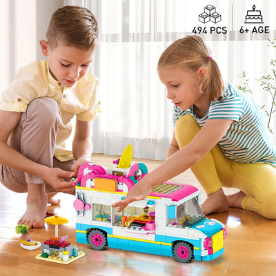 CUBIMANA 3-in-1 Wohnmobil Bausteine Spielzeug, Campingbus Wohnwagen Konstruktionsspielzeug mit Rutsche und Aufklebern, Geschenke für Kinder Mädchen und Jungen ab 6 7 8 9 10 11 12+ Jahre (494PCS)
