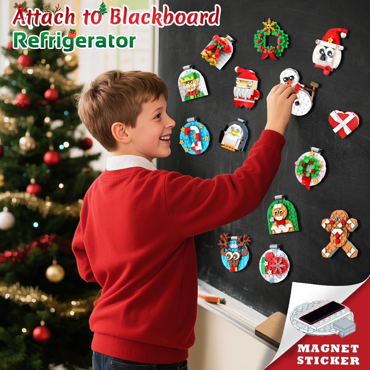 HiWEEGO 2025 Weihnachten Bauset, 2 in 1 Teile Hängende Magnetisch Weihnachtsbaum Ornamente Lebkuchenmännchen Kranz Weihnachtsmann Schneemann, Weihnachts Klemmbausteine für Erwachsene Kinder Jahren 6+