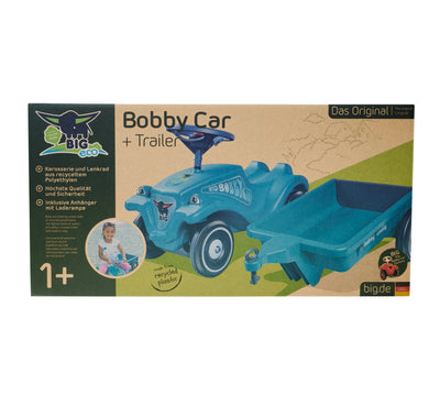 BIG Bobby Car Classic Eco 2.0 mit Anhänger - Rutschauto ab 1 Jahr aus Recycling-Material mit Caddy, Lenkrad und Hupe, für Kinder ab 1 Jahr (bis 50 kg), Türkis mit Grau
