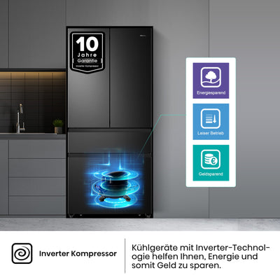 Hisense RF540N4SBF2 French Door Kühl-Gefrierkombination/ NoFrostPlus/ Inverter-Kompressor/ Multiflow 360°/ SuperCool/ 181,7 cm/ Kühlteil 302 l/ Gefrierteil 178 l/ 40 dB/ 310 kWh/ Jahr/ Schwarz