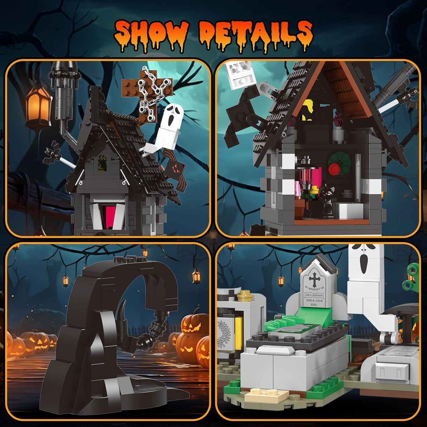 QLT Halloween Haus Haunted Mini Klemmbausteine Bausteine,Halloween Christmas Spielzeugset, Mädchen und Jungen 6-12 1092 PCS