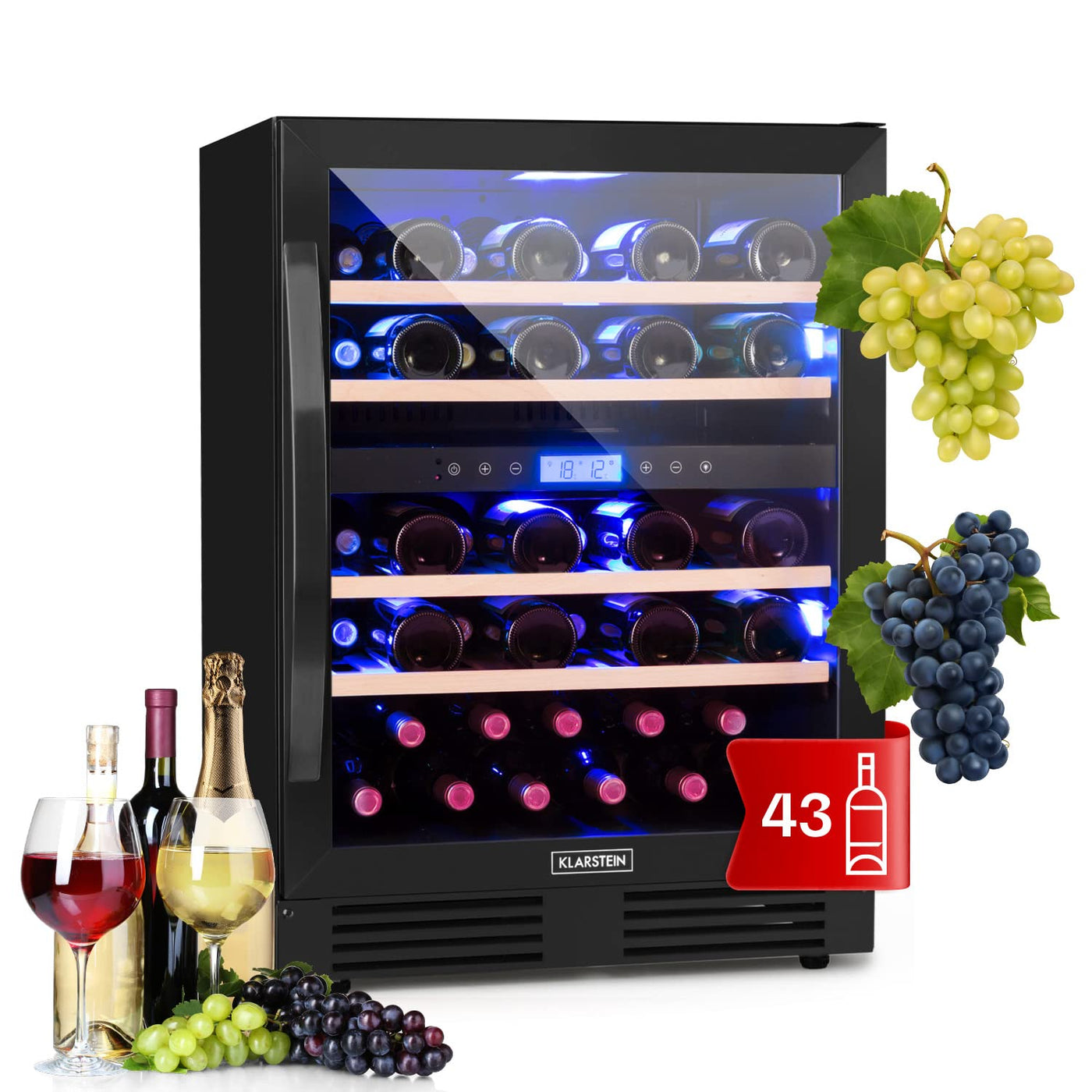 Klarstein Einbau-Weinkühlschrank, 2 Zonen Getränkekühlschrank Klein, Kleiner Weinschrank 129L, Wein-Kühlschrank Klein mit Glastür, Indoor/Outdoor Flaschenkühlschrank, Wine Fridge für 43 Flaschen
