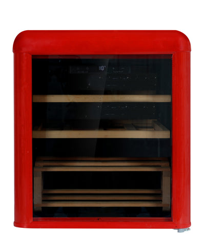 Amica WKR 341 910 R Retro-Weinkühlschrank/Weintemperierschrank im Retro Design/Rot/max. 10 Bordeauxflaschen (0,75l) / 53,5 x 48cm / 2 Holzlagerböden aus Buche/Kompressor-Technik