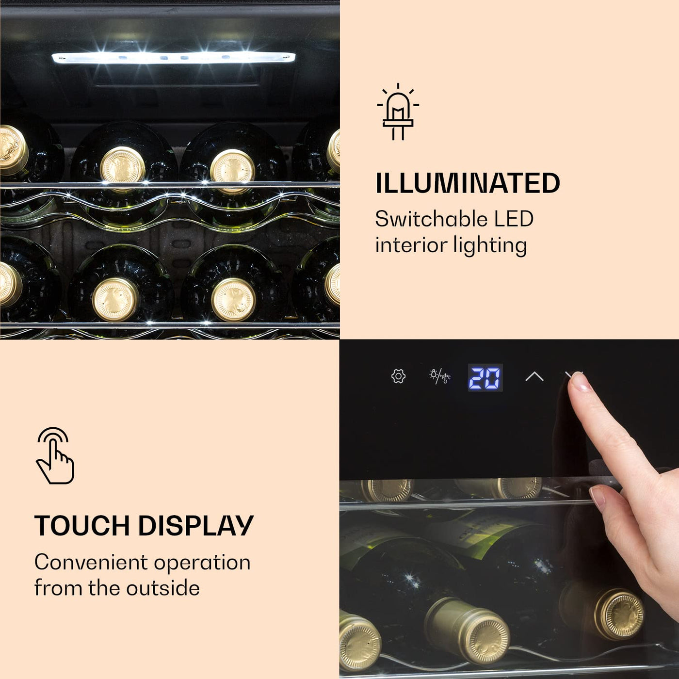 Klarstein Ultimo Uno Weinkühlschrank - Wine Fridge mit Temperaturregler: 5-8 °C, Weinschrank mit Touch-Bedienfeld, Platz für 16 Flaschen, 42 Liter Gesamtvolumen, schwarz