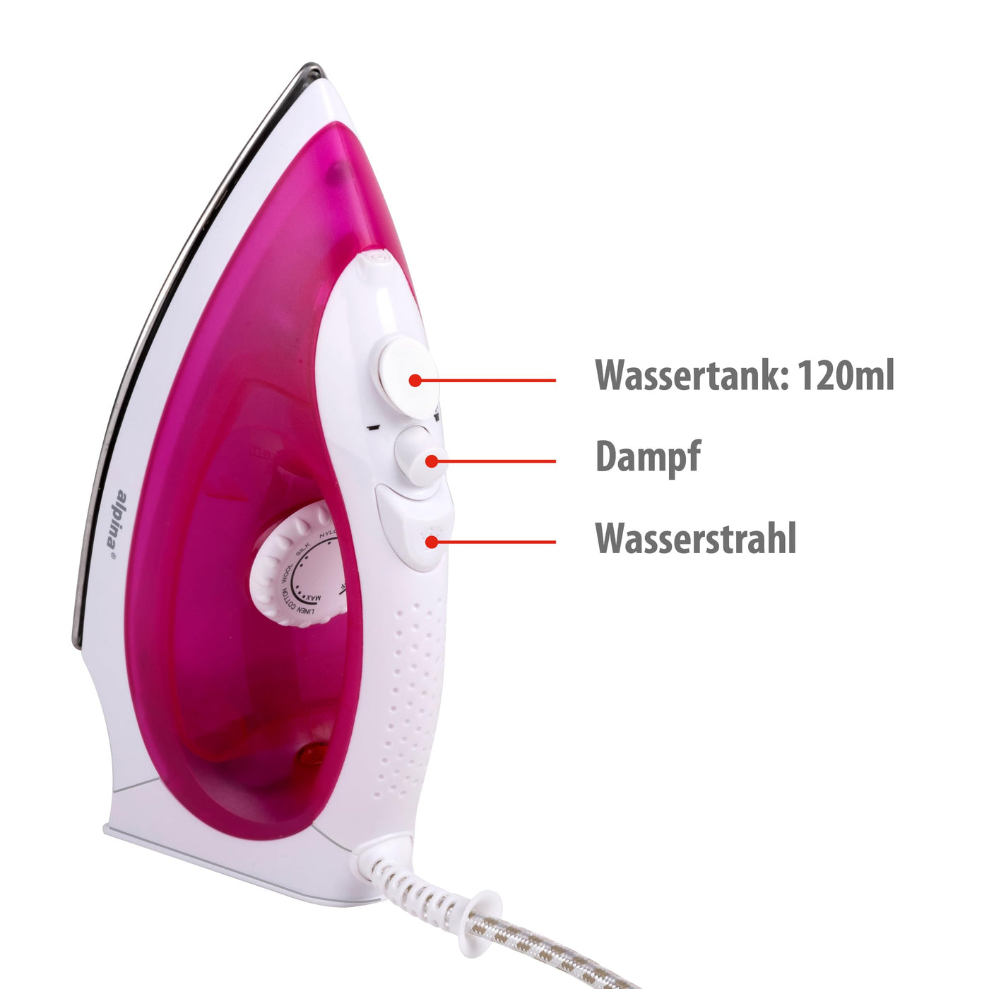 alpina Dampfbügeleisen - Dampfglätter 2000W - Bügeleisen mit Dampf- und Wassersprühfunktion - Einstellbare Temperatur und Wassertank 120ml - Edelstahlsohle - Rosa/Weiß