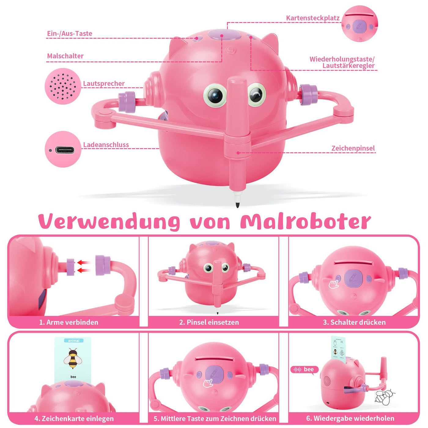 Charmofun Malroboter für Kinder, Zeichenroboter Kinder mit Stift & 100 Karten, Drawing Robot zur Frühkindliche Bildung, Sprachinteraktiver Lernspielzeug für Jungen Mächen ab 3 Jahren (Rosa)