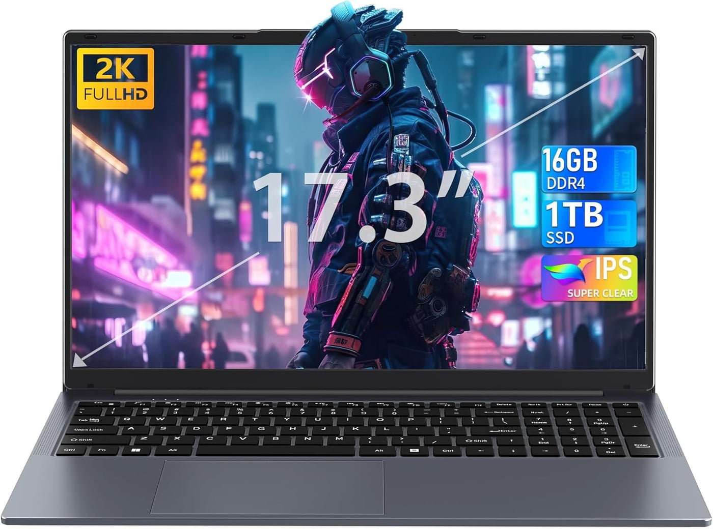 Fsjun 17,3 Zoll Laptop, N150(Beat N100 N97 N5095) bis zu 3,6 GHz, FHD IPS Display, 16 GB RAM, 960GB NVMe SSD, Beleuchtete Tastatur, großer Akku, HDMI, USB 3.0, Type-C, WLAN, PC