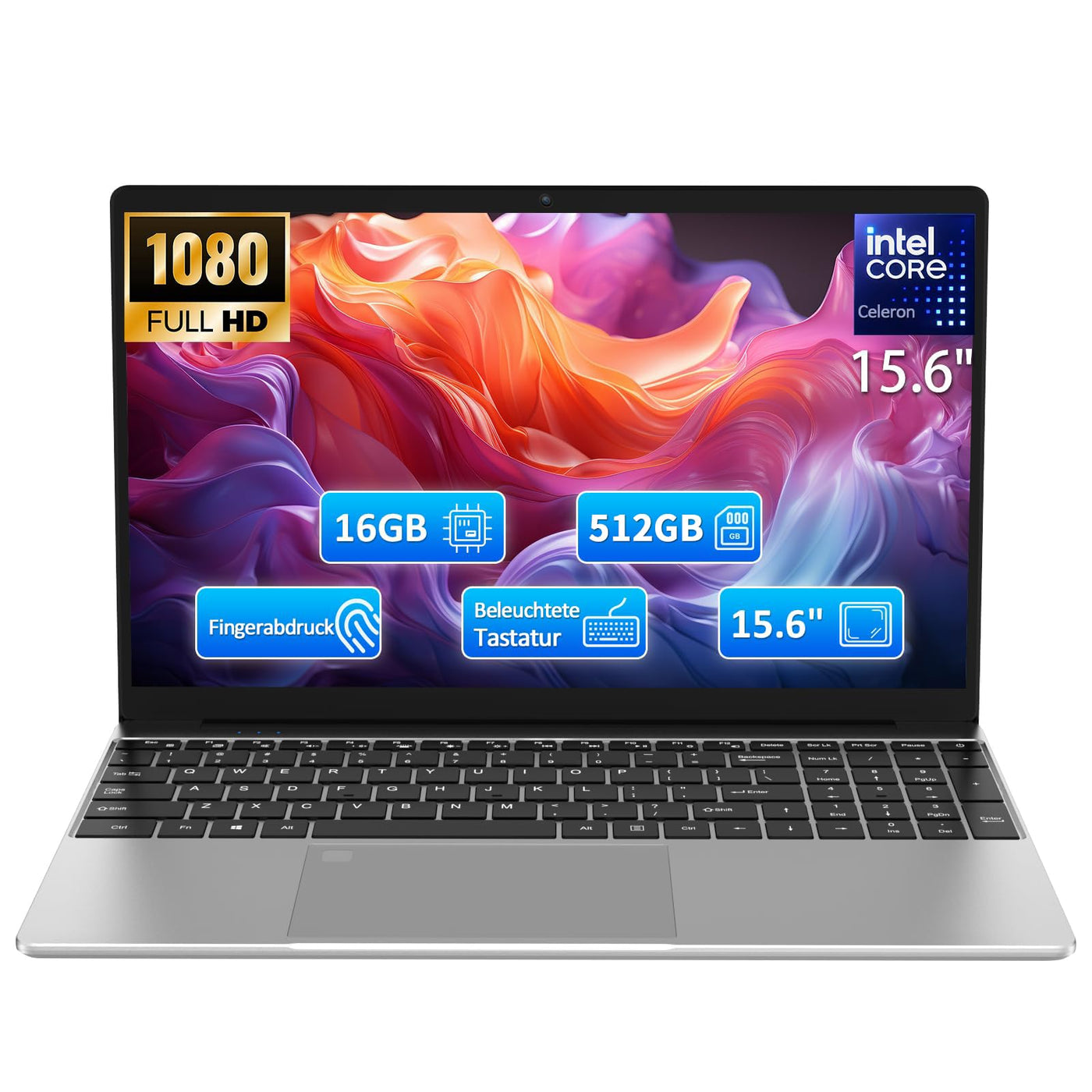 Molegar 2025 FHD Laptop Student/Geschäft,15.6 Zoll Laptop Computer mit 16GB DDR4 512GB SSD,Quad-Core N95(Bis zu 3.4GHz,Beat N5095),8000mAh Großer,2.4/5G WiFi,Webcam,USB 3.0,Beleuchtete Tastatur