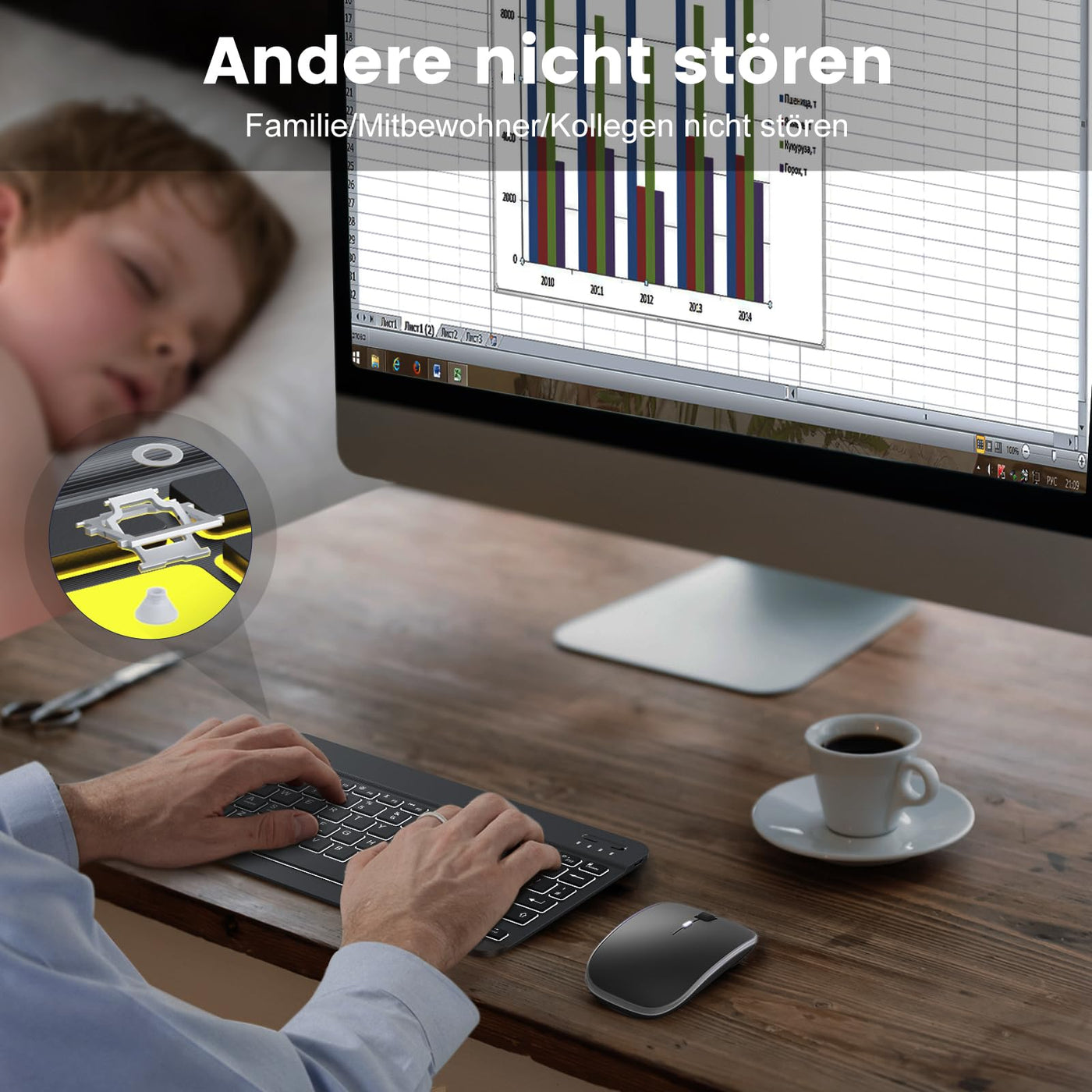TECURS Kabellos Tastatur Maus Set QWERTZ Bluetooth Tastatur mit Maus für iPad Pro/Air/Mini/iPad 9./8.Gen, 7-farbige Hintergrundbeleuchtung, Schwarz