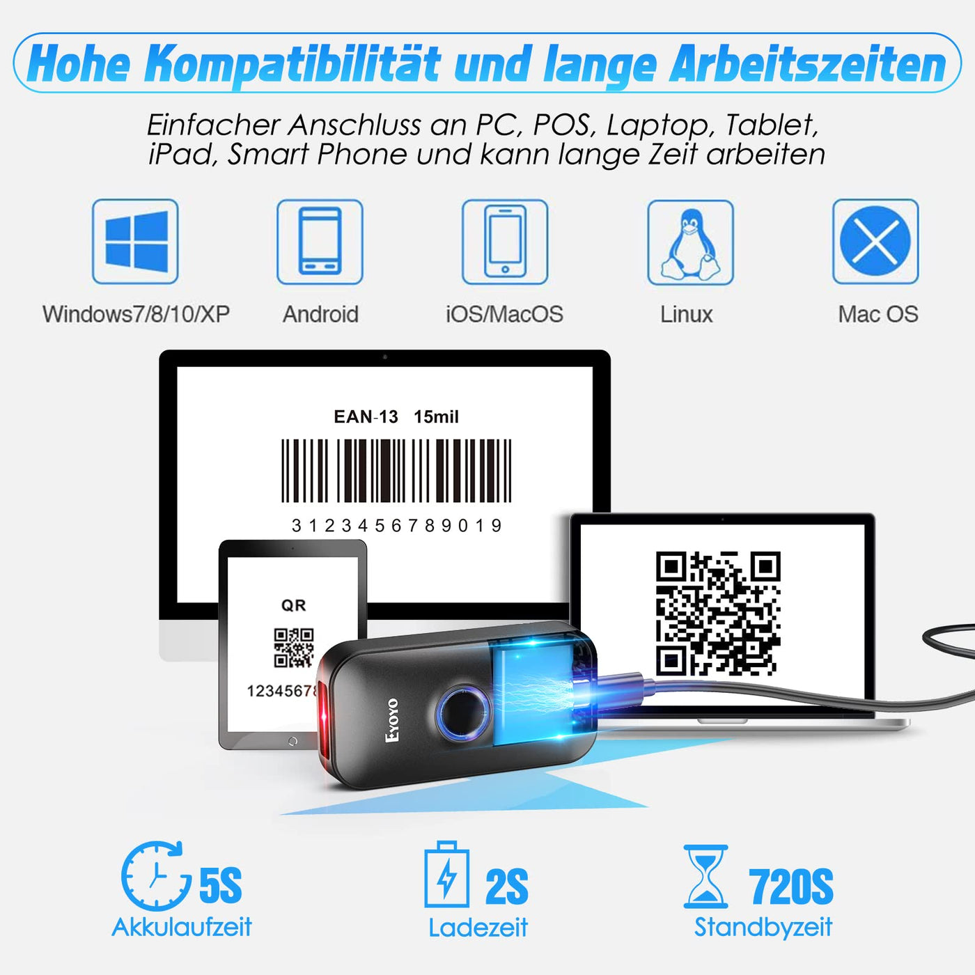 Eyoyo Mini 2D Bluetooth Barcode Scanner, 3 in1 Bluetooth & USB Kabel & 2.4G Wireless Barcode Leser, Portable Bar Code Scannen mit Windows, Android, iOS, Tablets oder Computer(1D 2D QR Schwarz)