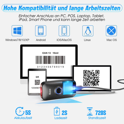Eyoyo Mini 2D Bluetooth Barcode Scanner, 3 in1 Bluetooth & USB Kabel & 2.4G Wireless Barcode Leser, Portable Bar Code Scannen mit Windows, Android, iOS, Tablets oder Computer(1D 2D QR Schwarz)
