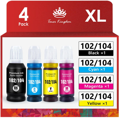 Toner Kingdom 102 Tinte Multipack 104 Tinte Kompatibel für Epson 104 Ecotank 4-Colour Multipack für Epson ET-2720 ET-2710 ET-2715 ET-2820 für Epson 102 EcoTank ET-2750 ET-2850 ET-4750 ET-2856 ET-4850