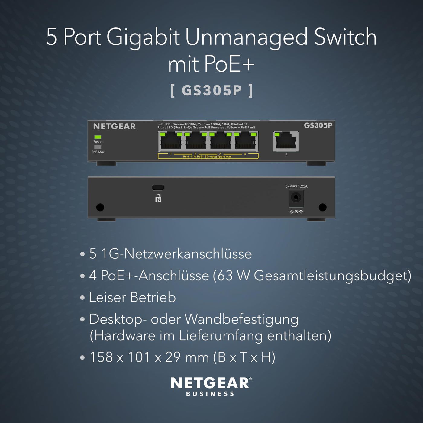 NETGEAR 5-Port Gigabit Ethernet Unmanaged PoE+ Switch (GS305P): mit 4 PoE+ bei 63 W, Desktop- oder Wandbefestigung