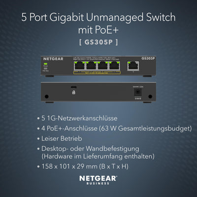 NETGEAR 5-Port Gigabit Ethernet Unmanaged PoE+ Switch (GS305P): mit 4 PoE+ bei 63 W, Desktop- oder Wandbefestigung