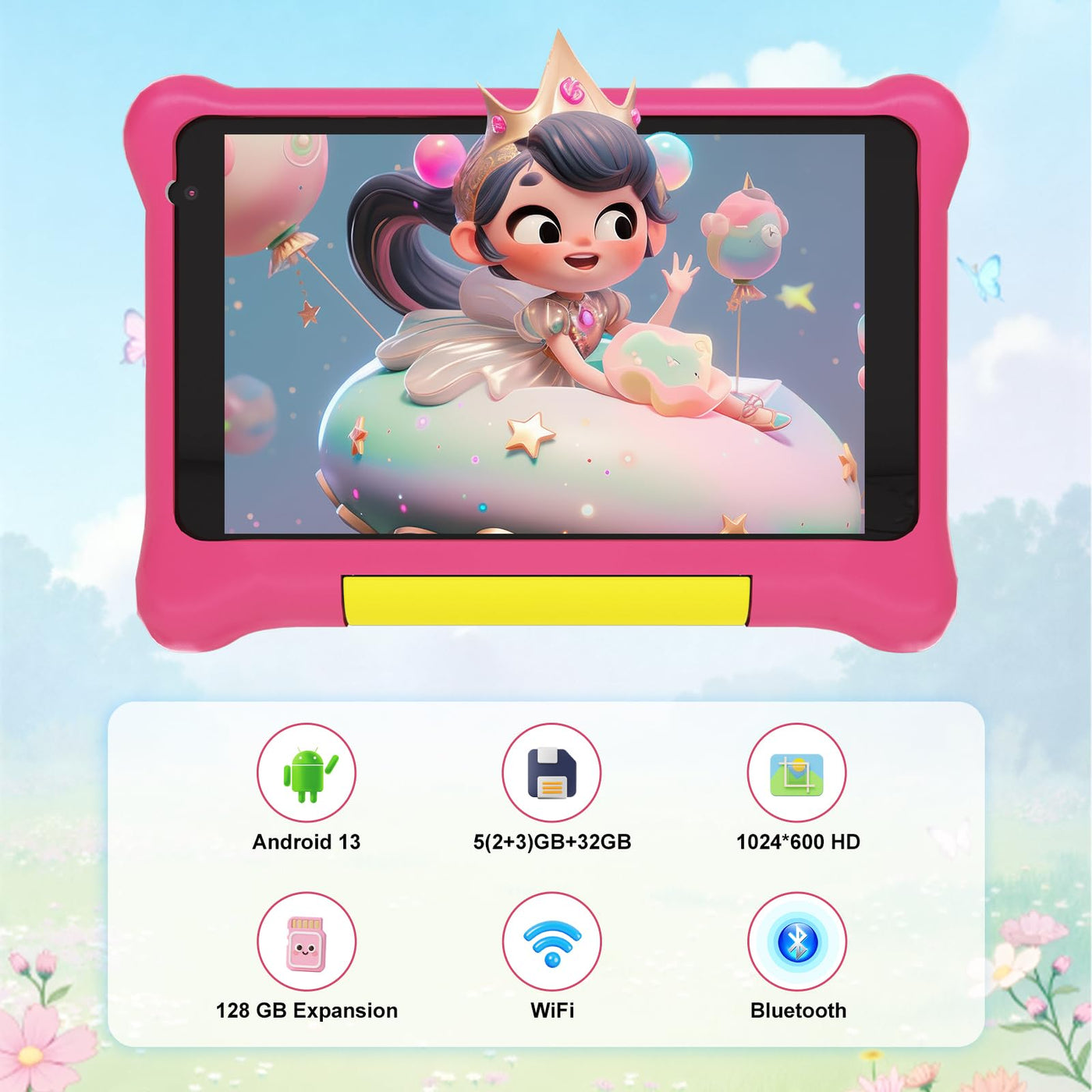 Laptok Kinder Tablet 7 Zoll, Android Tablet für Kinder, 5GB RAM+32GB ROM+128GB Erweiterbar, Wi-Fi, Bluetooth, Type-C, Kids Tablet mit Mit sturzsicherer Schutzhülle Rose