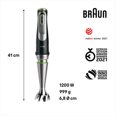 Braun MultiQuick 9 MQ 9147X Stabmixer – Pürierstab mit Active PowerDrive Technologie und 5 Zubehörteilen zum Zerkleinern,Stampfen, Rühren, Mixen und Eis-Crushen, 1200 Watt, schwarz/Edelstahl
