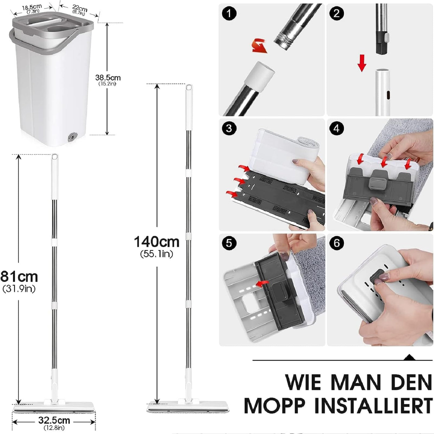 MASTERTOP Wischmopp Set mit Eimer, Flachmopp Bodenwischer mit 10 Mopp Pads und Langem Griff, 2 in 1 Putzeimer mit Wischmop, Mikrofaser Wischmopp mit Auswringfunktion für All Boden-Weiß