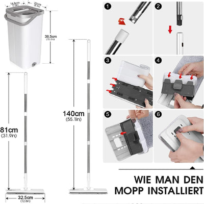 MASTERTOP Wischmopp Set mit Eimer, Flachmopp Bodenwischer mit 10 Mopp Pads und Langem Griff, 2 in 1 Putzeimer mit Wischmop, Mikrofaser Wischmopp mit Auswringfunktion für All Boden-Weiß
