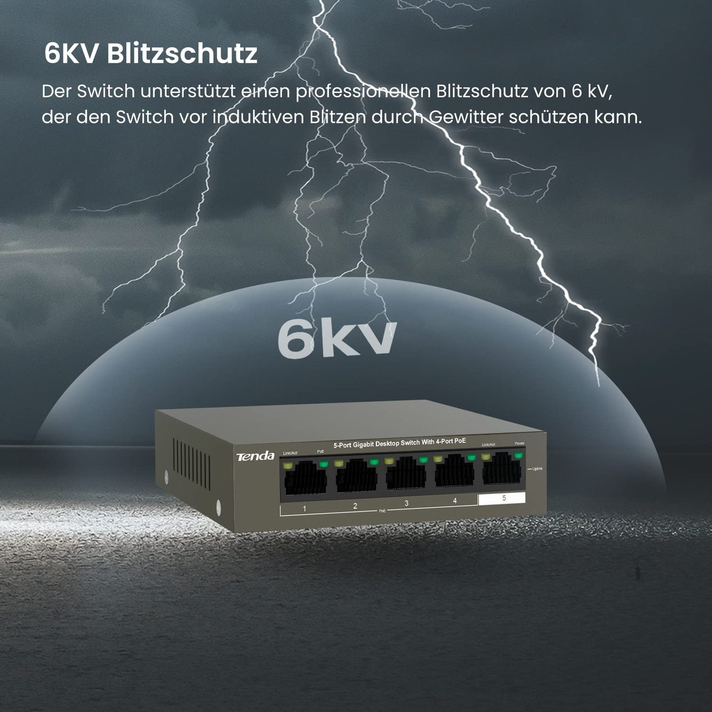 Tenda Gigabit PoE Switch 5 Ports mit 4 PoE+ Ports & 1 Uplink-Port (58W, VLAN, IEEE-802.3af/at PoE, lüfterlos, Plug-and-Play, Metallgehäuse) (TEG1105P-4-63W)