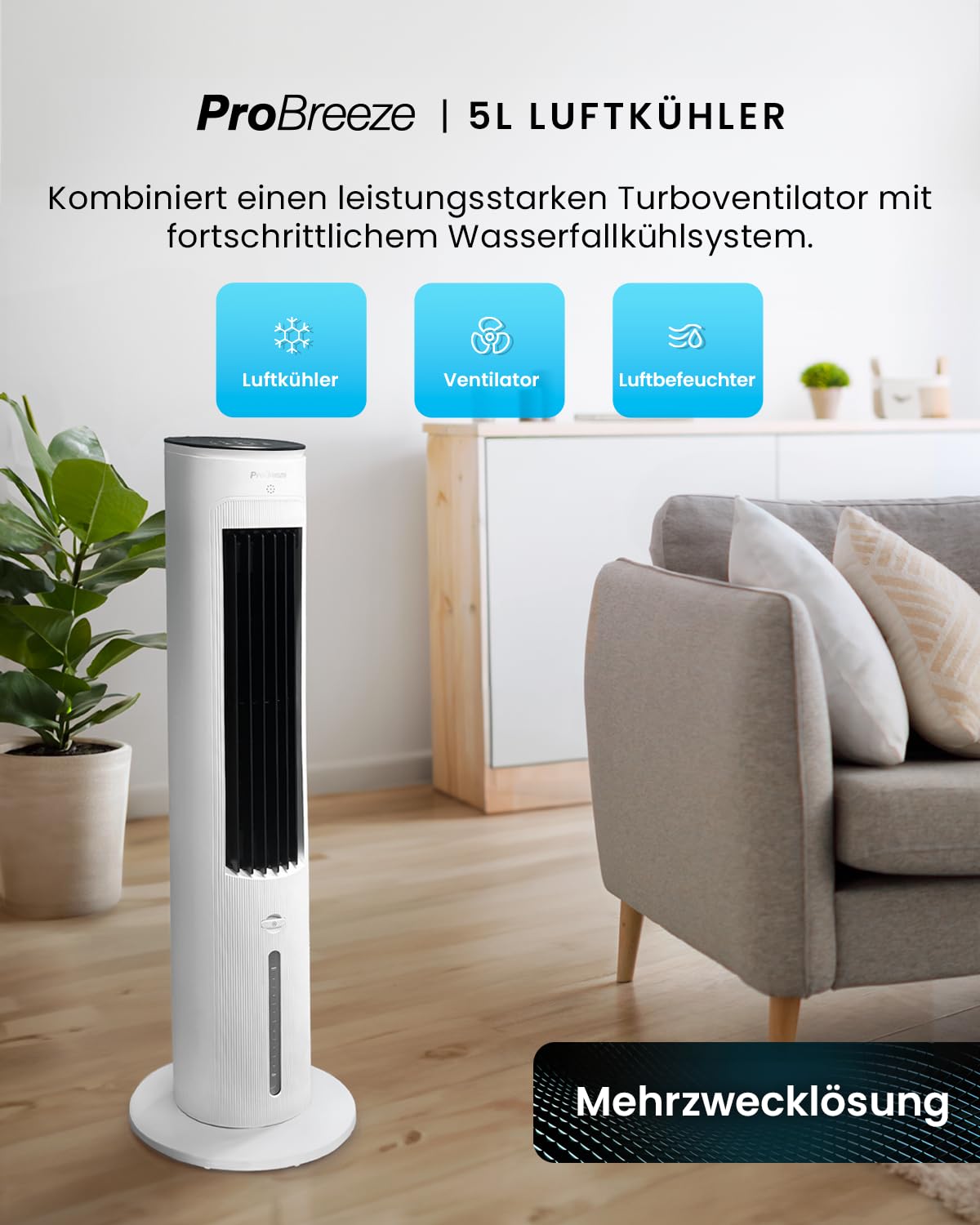 Pro Breeze OmniAir 7L Mobiler Luftkühler - Turmventilator mit Fernbedienung, 4 Gebläsestufen, 4 Modi, Auto 60° Oszillation, 10-Stunden-Timer - Klimagerät mobil ohne Abluftschlauch für Zuhause & Büro