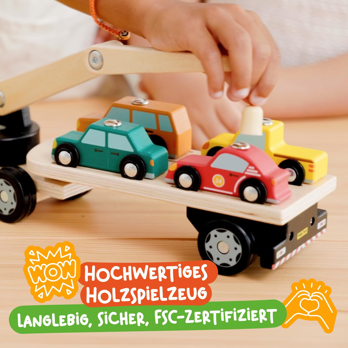 Nene Toys Autotransporter aus Holz mit Kran & 4 Magnet-Autos – Magnetspielzeug für Kinder ab 2 Jahren – Montessori Holzspielzeug & Lernspiel mit Fahrzeugen – Geschenk Jungen Mädchen 2 3 Jahren