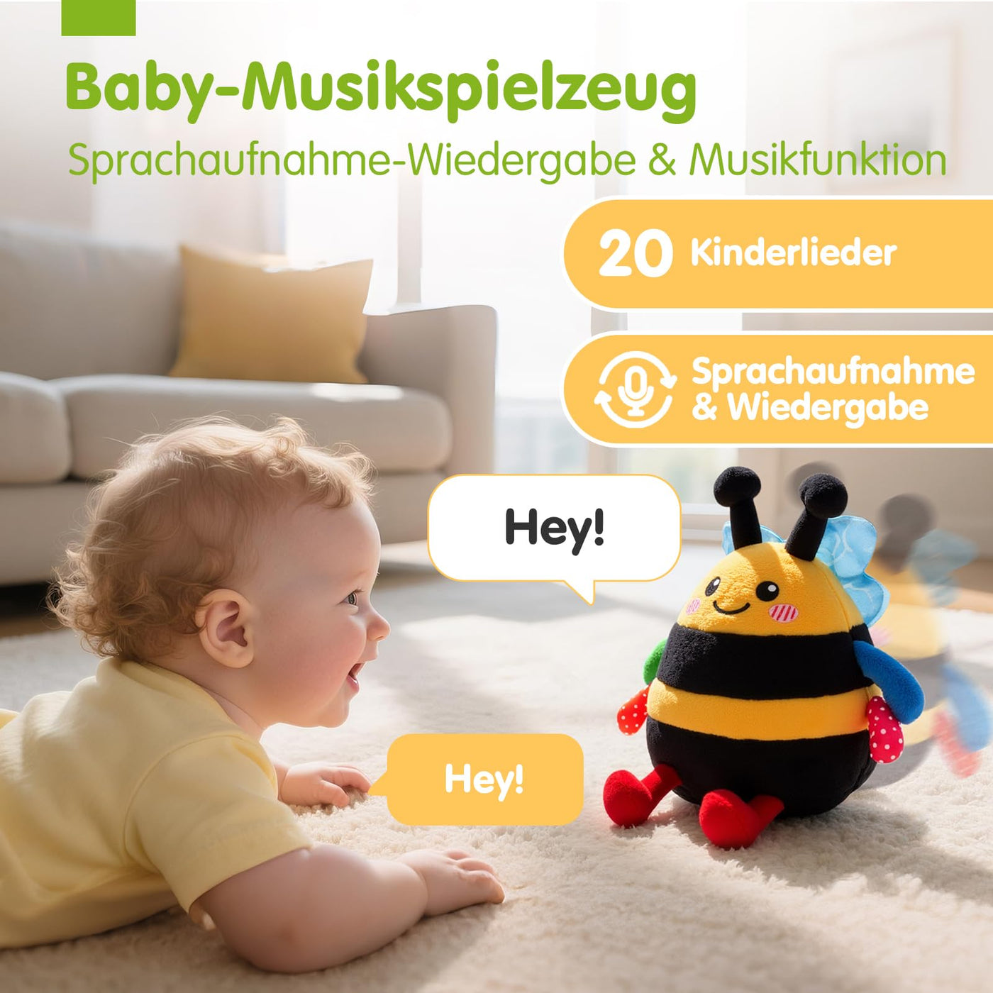 hahaland Baby Spielzeug 6 7 8 9 10 12 Monate,Biene Kuscheltier, Musikalische Spielzeuge ab 1 2 Jahr Mädchen Jungen,Krabbelspielzeug Tummy Time Toy, Neugeborenes Geschenk