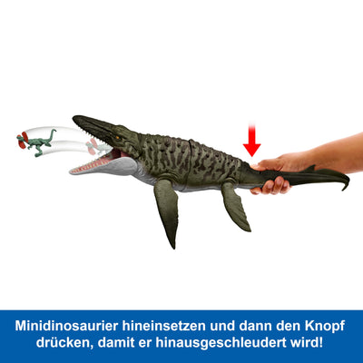 Mattel Jurassic World: Die Wiedergeburt Bite N Blast Mosasaurus Actionfigur und Mini-Dilophosaurus, Dinosaurier-Spielzeug mit breitem Kiefer, filmgetreues und bewegliches Design, JJP80