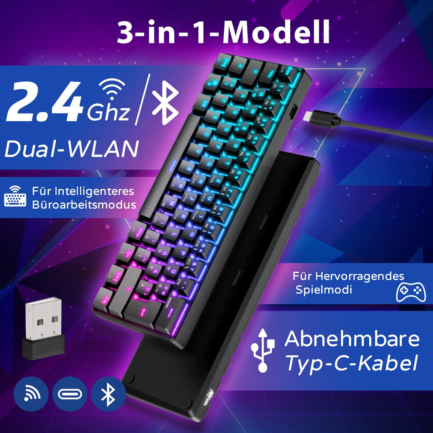 RK61 RGB Gaming-Tastatur, 2,4 GHz Wireless/Bluetooth/Wired 60% Mechanische Tastatur 61 Tasten, Hot-Swap-fähiger Brauner Schalter mit RGB-Beleuchtung Kompatibel für Win/Mac, Schwarz (QWERTZ)