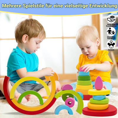 RunHero 3-in-1 Montessori Stapelspielzeug Holzbausteine Regenbogen Motorikspielzeug Grimms Bauklötze ab 1 Jahr Baby Geschenk für 2 3 4 5 Jahr Kinder