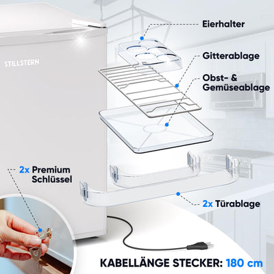 Stillstern Mini Kühlschrank E 45L mit Abtauautomatik, Schloss, Frostfach, Leise, Ideal für Küche, Büro, Schlafzimmer, Hotels und kleine Wohnungen Kühlschrank klein Minibar Getränkekühlschrank