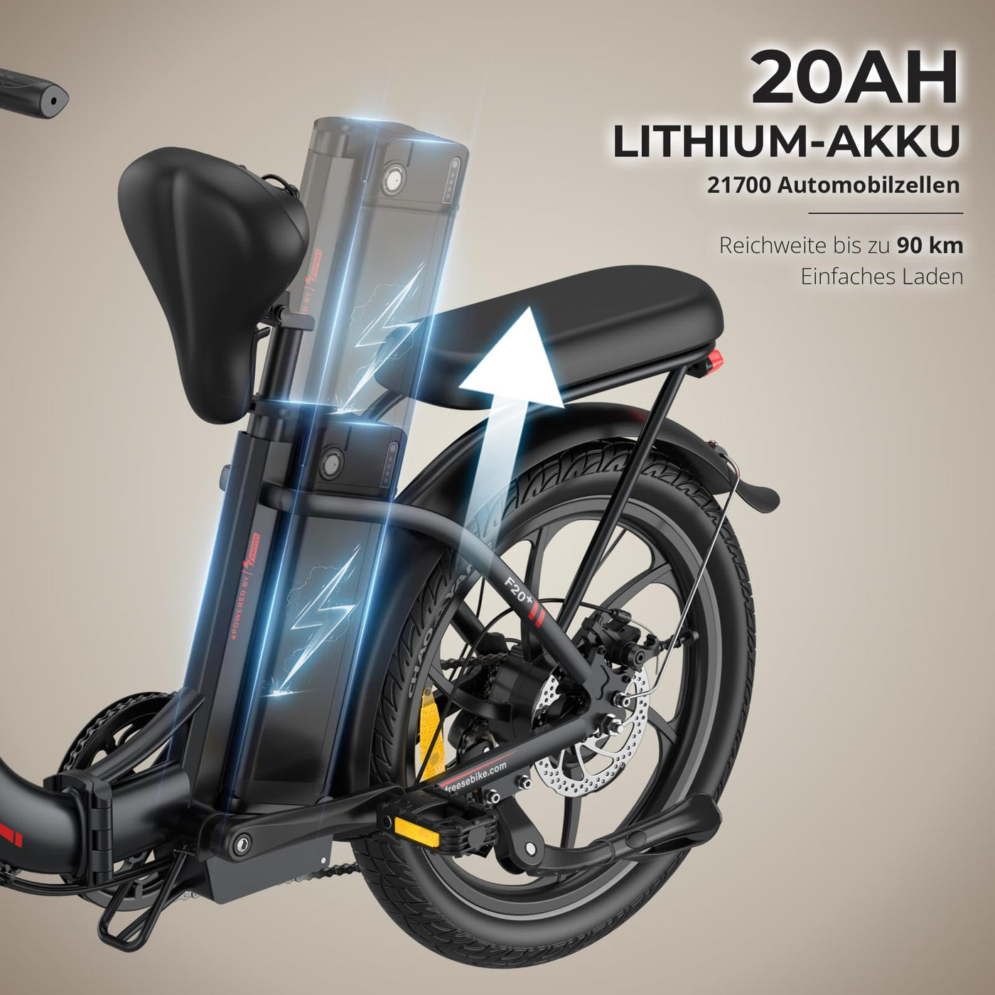 Fafrees F20+ 2025 Elektro-Faltrad 20 Zoll Fatbike, 36V/20AH Akku, 250W Motor, 140kg Tragekapazität | E-MTB 20°, 25km/h | Unisex Fahrrad (Hecktasche + Handyhalterung, Schwarz)