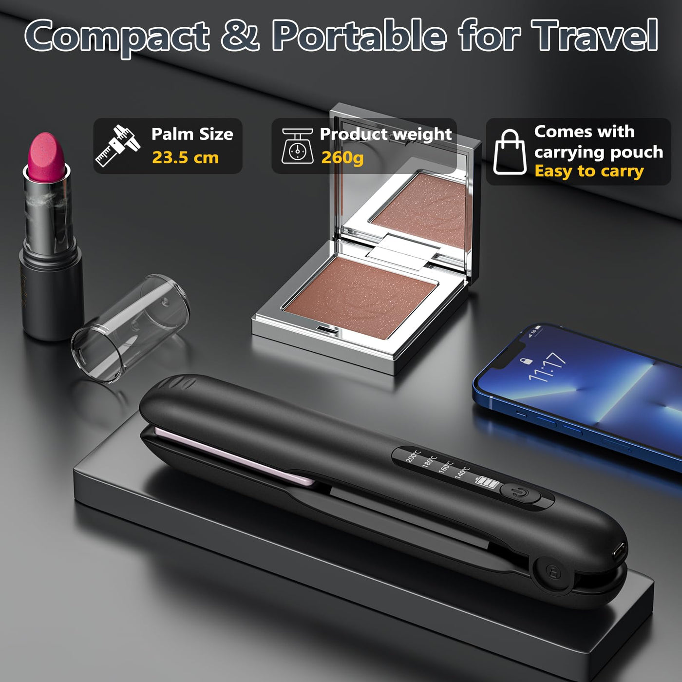 Glätteisen Kabellos, Kabelloser Haarglätter und Lockenwickler 2 in 1, Wiederaufladbares Tragbares USB Glätteisen, Kabelloser Mini Reiseglätter mit 4 Ainstellbaren Temperaturen, 5000mAh-Akku