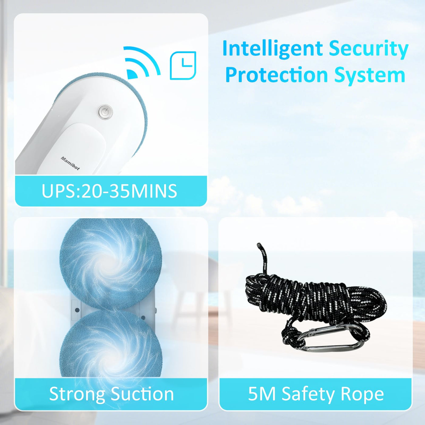 Mamibot W110-P Fensterputzroboter, automatischer intelligenter Navigations-Staubsauger Anti-Drop, mit APP und Fernbedienung, für Glas, Fliesen, 12 Stück Tücher (Weiss)