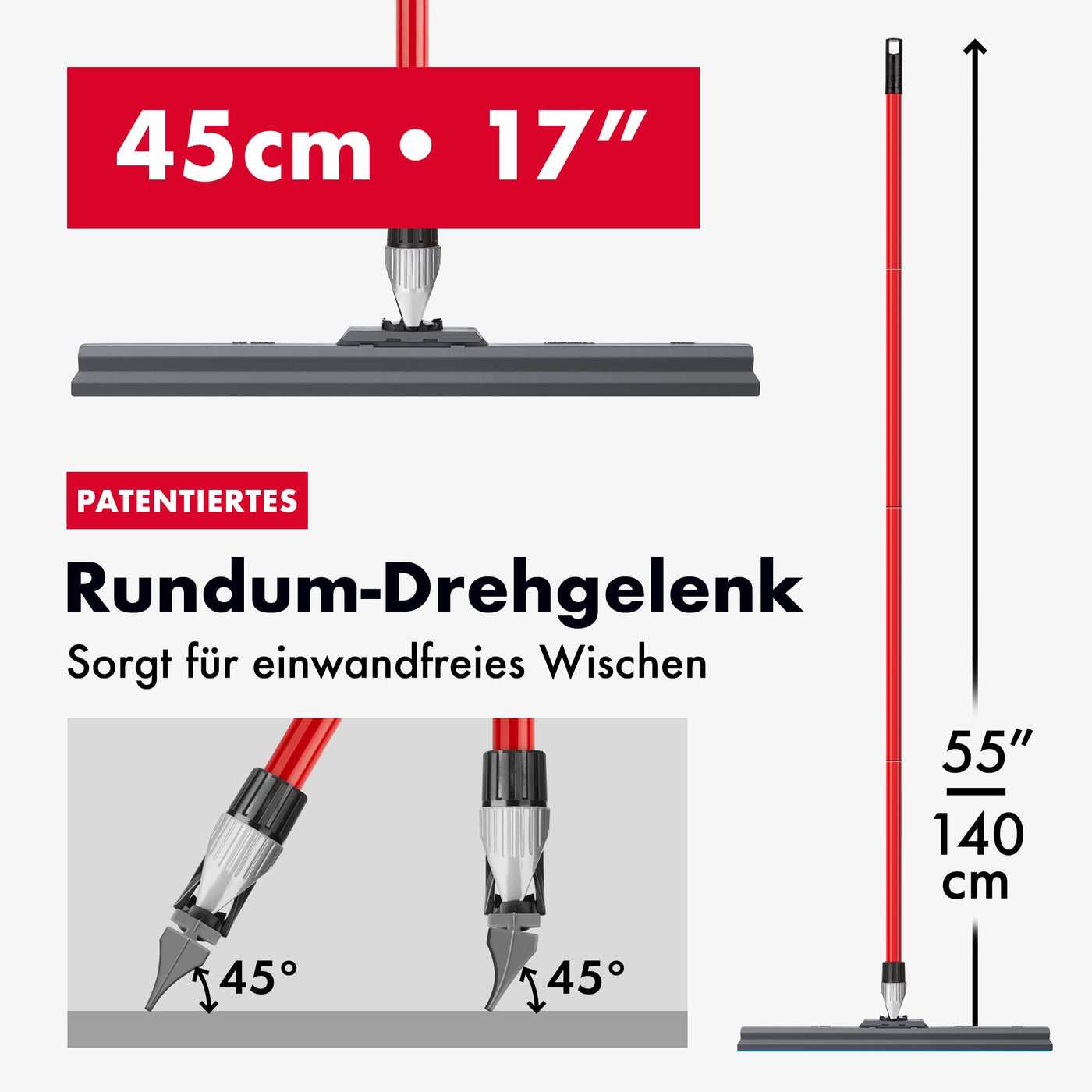 Tyroler Wasserschieber Bodenabzieher 45cm Silikon-Lippe mit Abzieher Boden | Wasserschieber mit Stiel 4-teiligem Griff 140cm | Wasserabzieher Boden geeignet für alle Oberflächen, Abzieher Dusche Boden