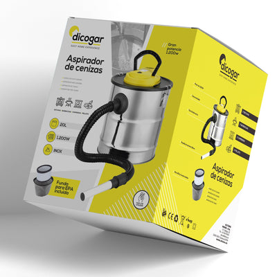 Aschesauger für Kamine, Pellets und Grills - 1.200W Leistung - 20 L Fassungsvermögen - Aus Edelstahl - Inklusive 1m Schlauch und Filterabdeckung - Gebläsefunktion - Dicogar