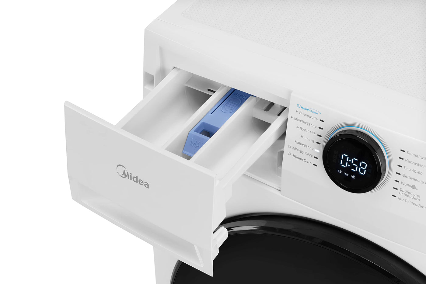 Midea MF200W80WB-14AS Waschmaschine/8KG /Energieeffizienzklasse A/Mengenautomatik/Steam Care/Nachlegefunktion / 1400 U/min/Zeitsparen - Turbo Wash/nur 48 cm tief/APP-Steuerung, AquaStop, Weiß
