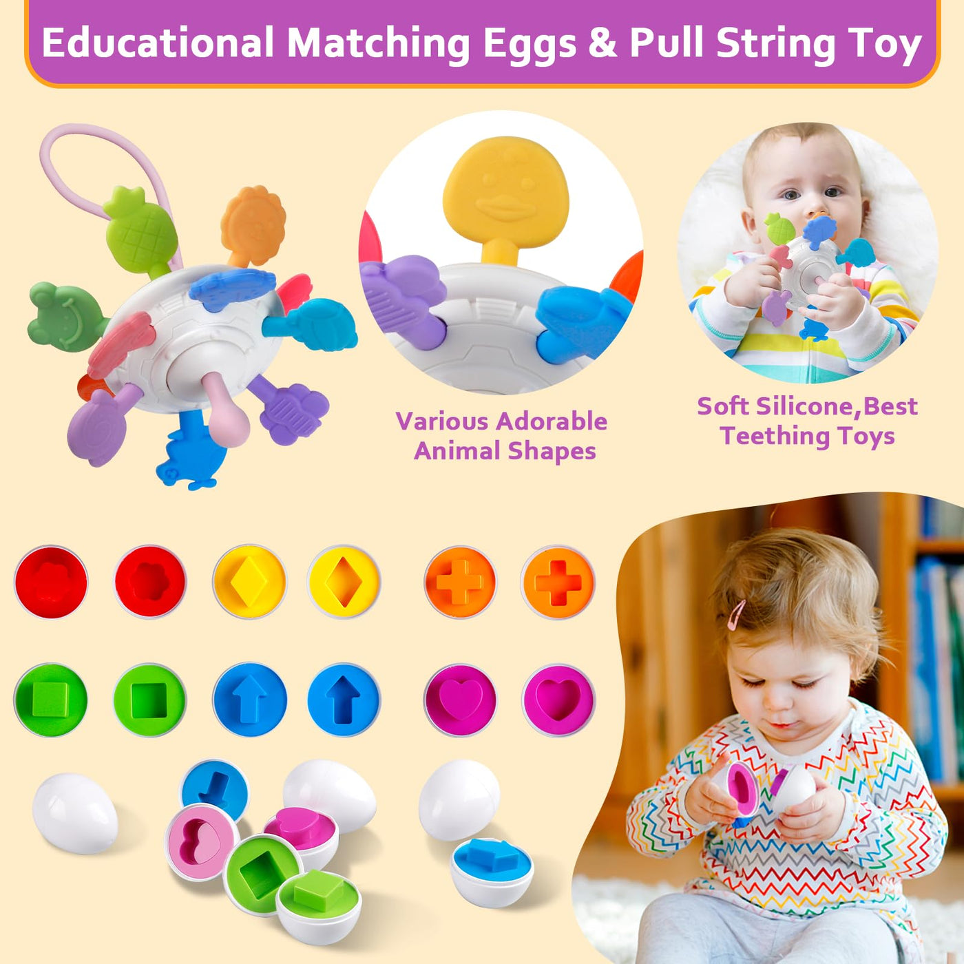 Baby Spielzeug für 6 bis 12 Monate, Montessori Spielzeug für Babys, Sensorisches Baby Spielzeug, 6 in 1 Motorikspielzeug, Stapelspielzeug Blöcken und Ringen, passende Eier (6 in 1)