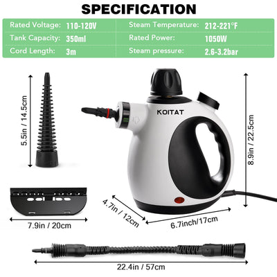 KOITAT, Dampfreiniger, tragbarer Druckdampfreiniger mit 10 Zubehörteilen, Dampfreiniger für Polstermöbel, mit Sicherheitsverriegelung, für Zuhause, Auto, Böden